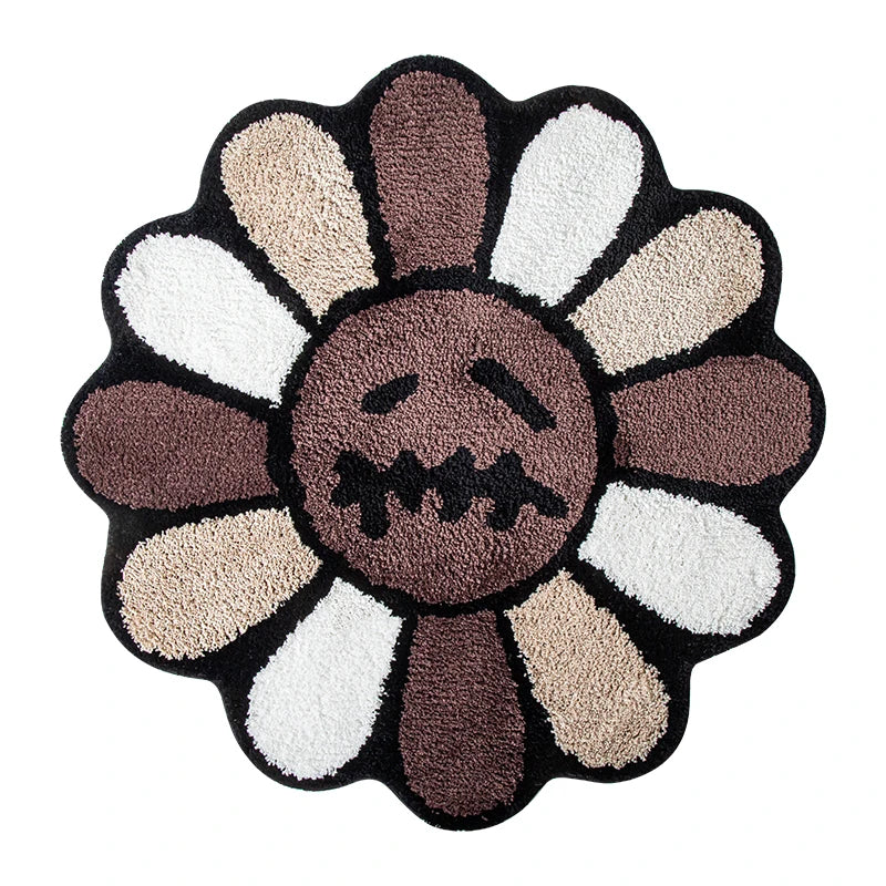 Smiling Face Tufted Round Rug - Retro Rainbow Flower Art Rug for Bedroom, Bathroom & Living Room
