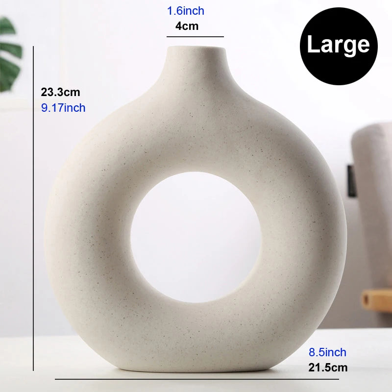 Nordic Circular Hollow Ceramic Donut Vase - Decorative Flower Pot for Living Room, Office & Desktop Decor