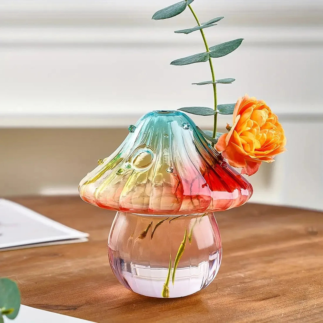 Boho Glass Mushroom Vase - Handcrafted Hydroponic Cylinder Planter for Living Room, Dining Room & Coffee Shop