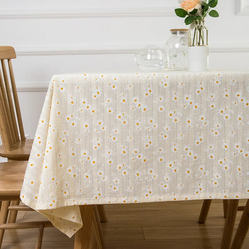 Korean Style Small Daisy Cotton Floral Tablecloth,Tea Table Decoration,Rectangle Table Cover For Kitchen Wedding Dining Room