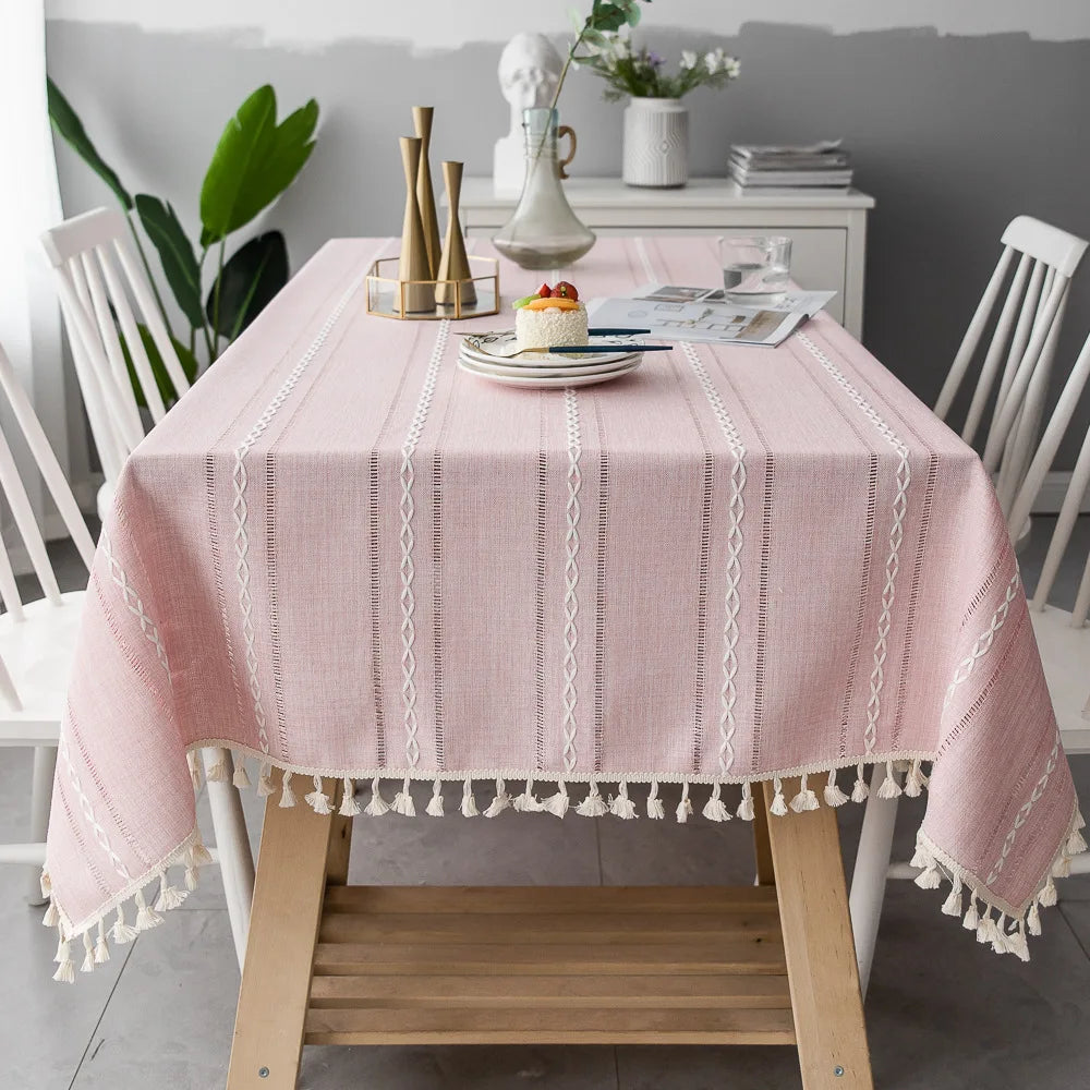 Cotton Linen Stripe Tassel Tablecloth Stain Resistant Dust-Proof Table Cover for Kitchen Dinning Tabletop Decoration Rectangular