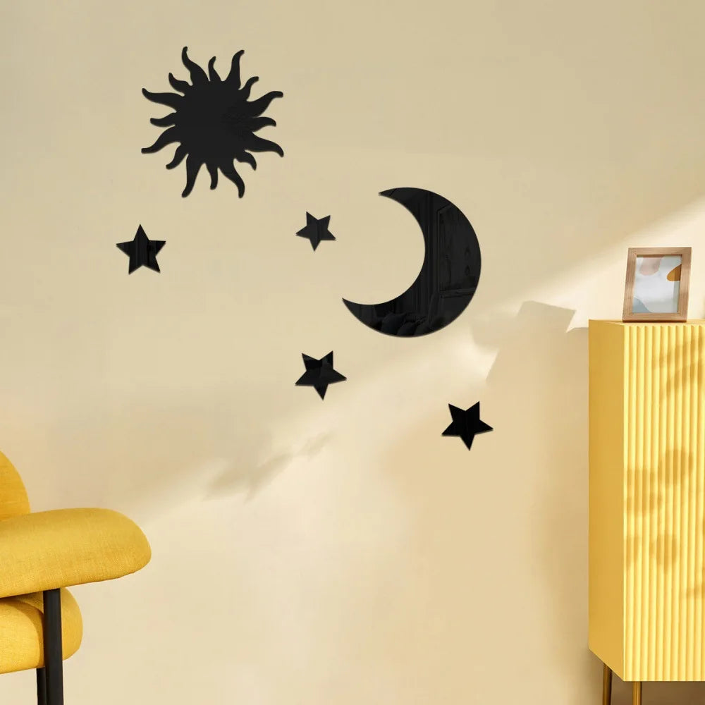 6-Piece Star & Moon Combination Mirror Wall Stickers - Acrylic 3D Self-Adhesive DIY Bedroom & Living Room Decor