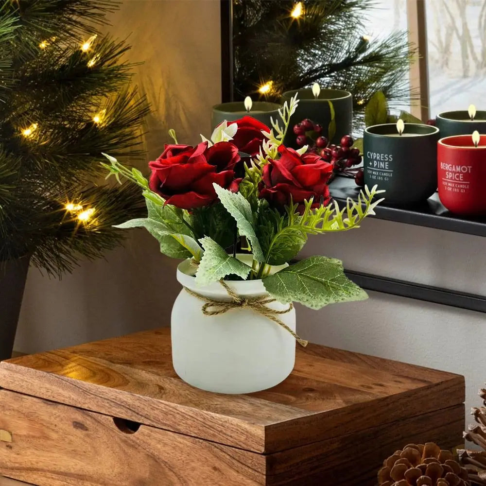 3-Rose Artificial Potted Plant - Realistic Fake Flower Miniscape with Vibrant Colors for Home Decor