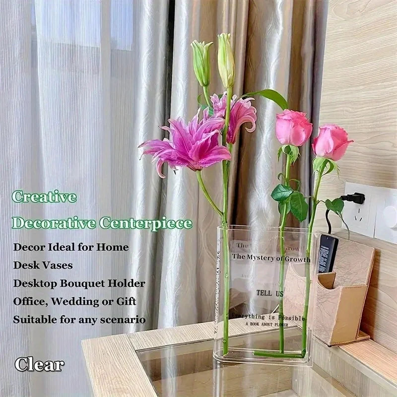Transparent Acrylic Vase Transparent Book-Shaped Vase Suitable for Decorating Unique Homes, Bedrooms, and Offices