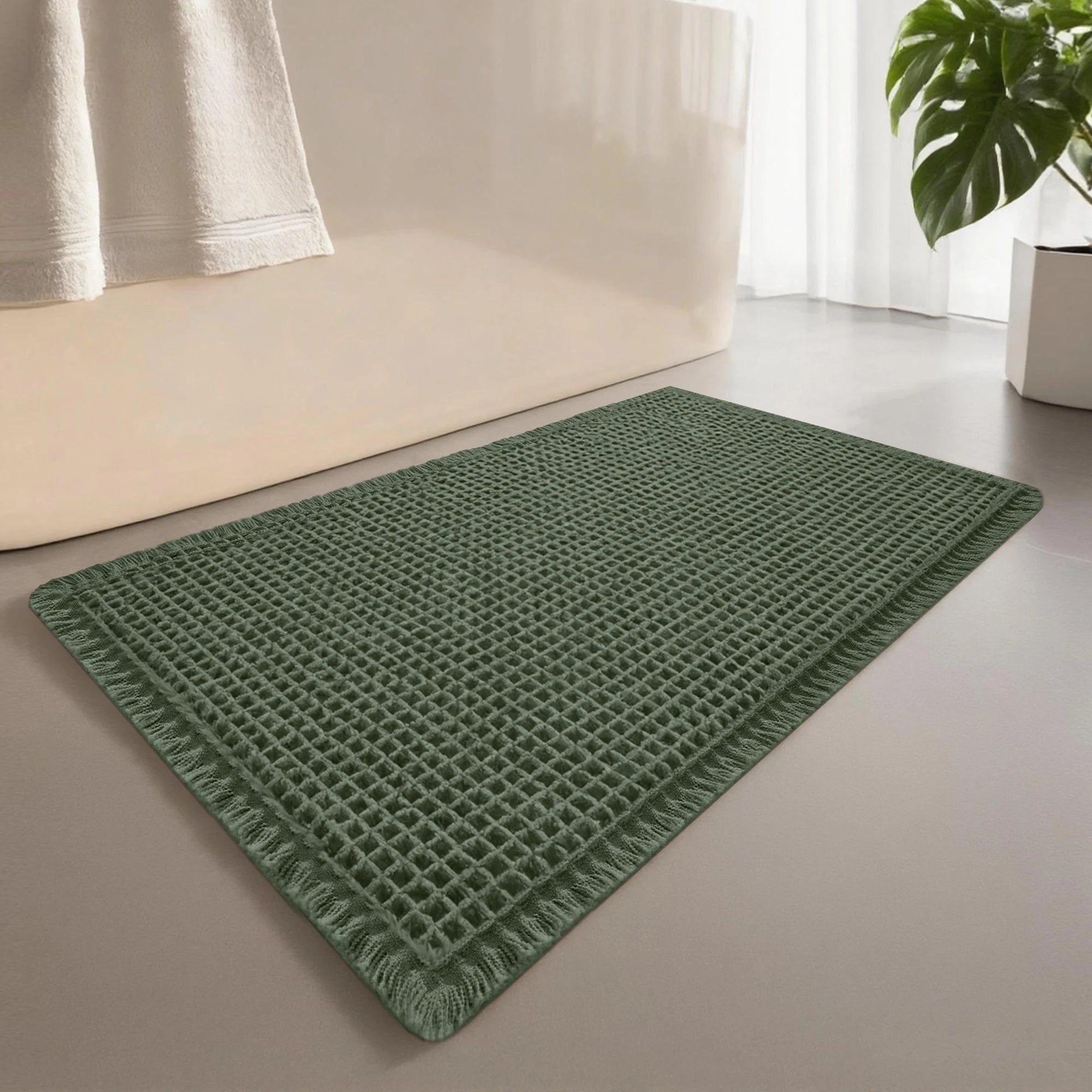 Waffle Bathroom Rugs Soft Non Slip Machine Washable Super Absorbent Bath Mats with Tassels for Bathroom Floor Tub Beside Decor