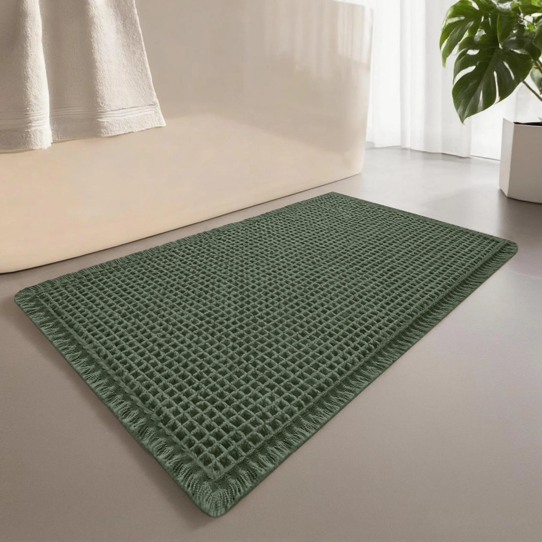Waffle Bathroom Rugs Soft Non Slip Machine Washable Super Absorbent Bath Mats with Tassels for Bathroom Floor Tub Beside Decor