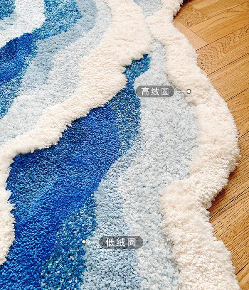 Blue Sea Pattern Tufted Rug - Japanese Style Flocking Carpet Anti-Slip Aesthetic Doormat