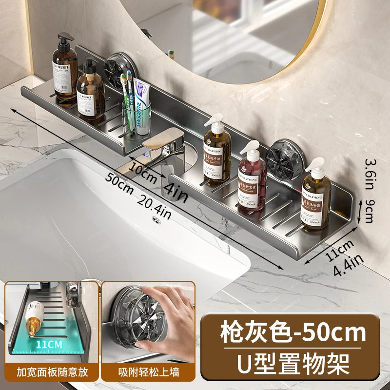 Suction Cup Wall-Mounted Bathroom Shelf - No-Drill Mirror Front Washbasin Storage Rack - Hom Haven