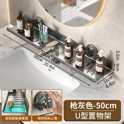 Suction Cup Wall-Mounted Bathroom Shelf - No-Drill Mirror Front Washbasin Storage Rack - Hom Haven