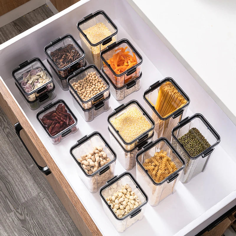 5-Piece Transparent Sealed Storage Jar Set - Stackable Airtight Kitchen Organizer for Dried Goods & Multigrain (700ml-1800ml)