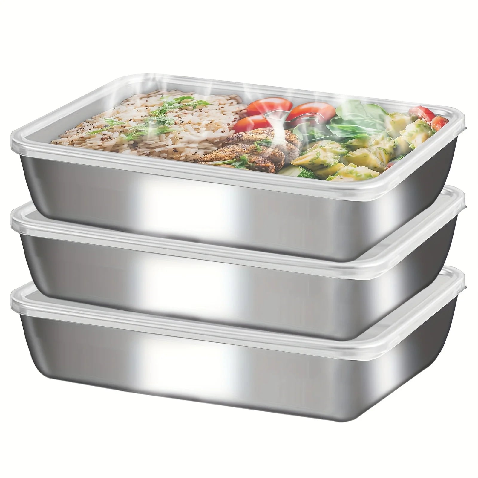3-Piece Stainless Steel Food Containers - Leakproof Stackable with Clear Lids for Camping, Home & Meal Prep