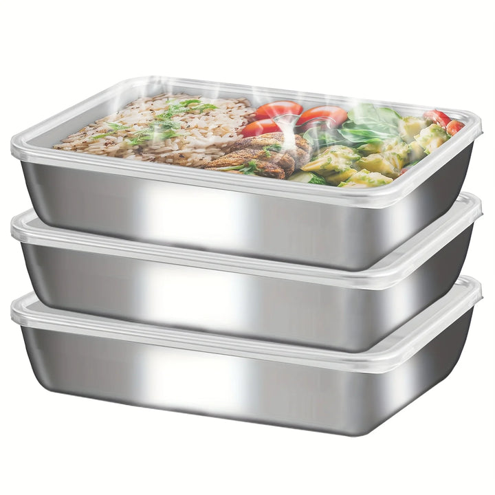 3-Piece Stainless Steel Food Containers - Leakproof Stackable with Clear Lids for Camping, Home & Meal Prep