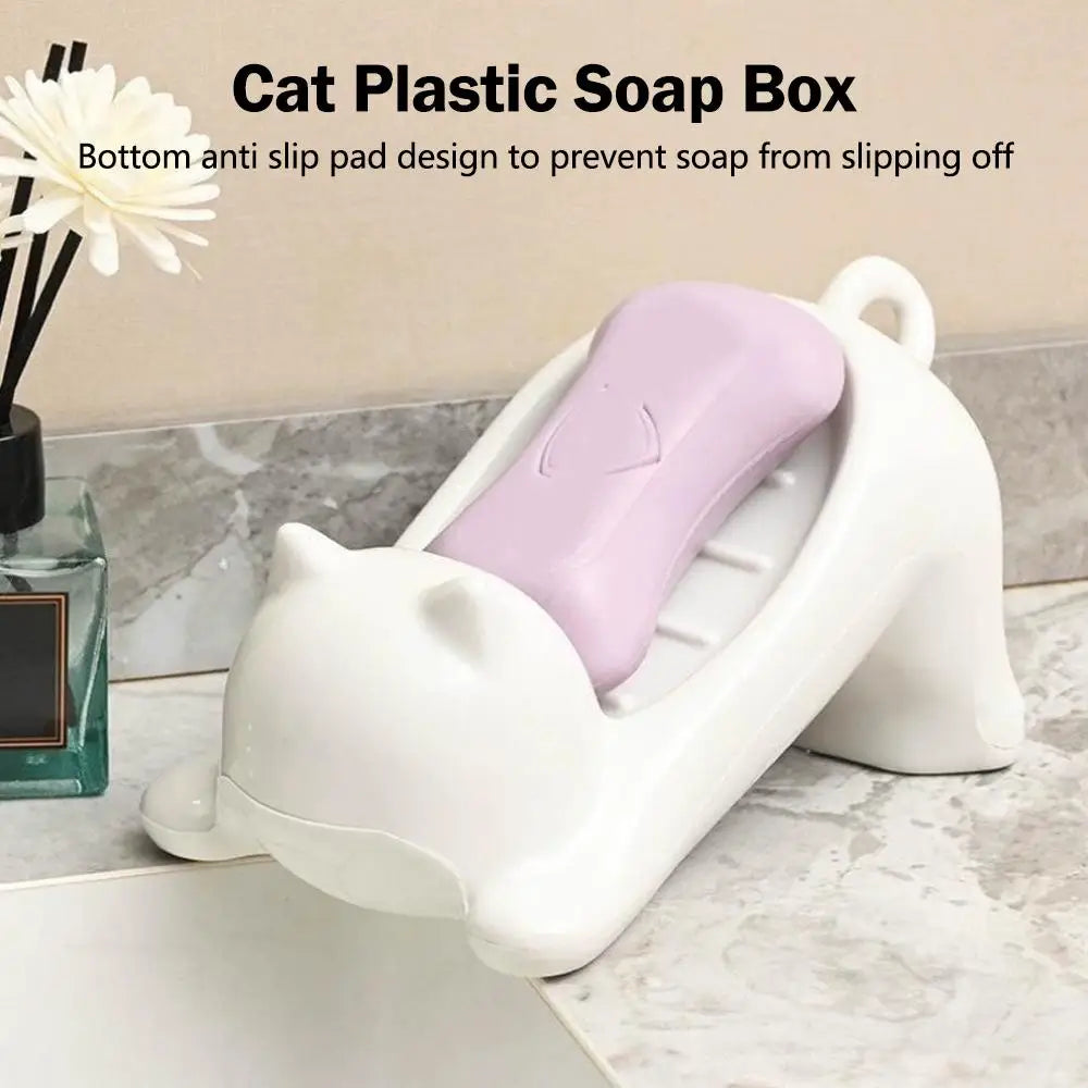 Cute Cartoon Cat Soap Dish with Drainage - Plastic Bathroom Holder for Soap & Sponges