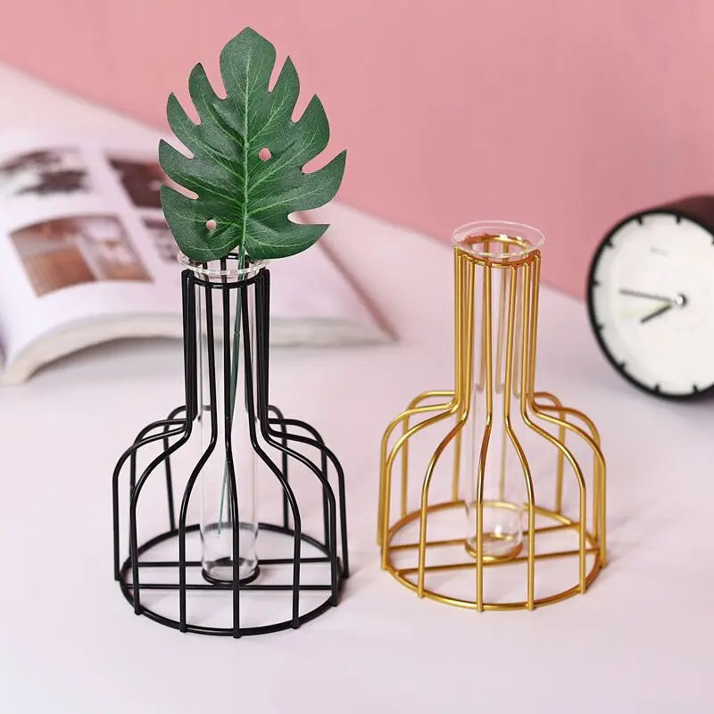 Nordic Iron Golden Hydroponic Vase - Living Room Table Top Decoration for Dried Flowers & Green Plants - Hom Haven