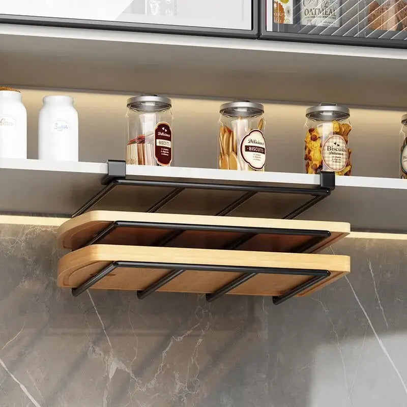 Kitchen Hanging Organizer Rack with Hooks Under Cupboard Paper Towel Rags Hanger Cutting Board Pot Cover Holder Storage Shelf