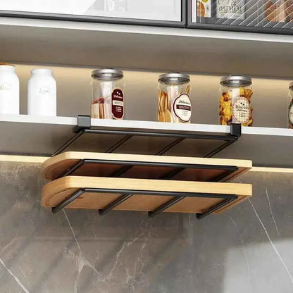 Under Cabinet Kitchen Hanging Organizer Rack with Hooks - Paper Towel, Cutting Board & Pot Lid Holder - Hom Haven