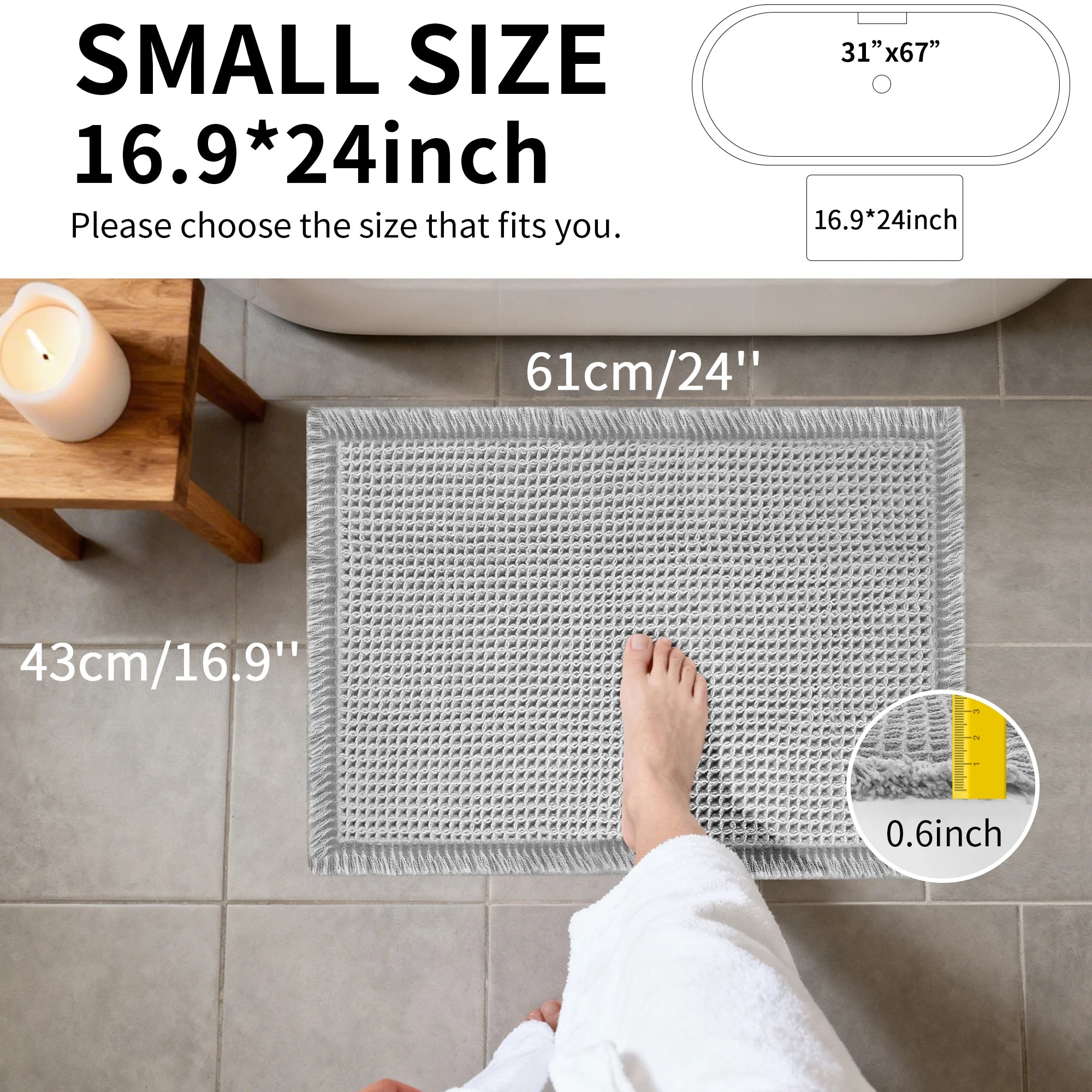 Waffle Bathroom Rugs Soft Non Slip Machine Washable Super Absorbent Bath Mats with Tassels for Bathroom Floor Tub Beside Decor