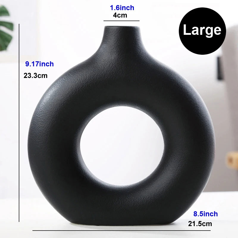 Nordic Circular Hollow Ceramic Donut Vase - Decorative Flower Pot for Living Room, Office & Desktop Decor