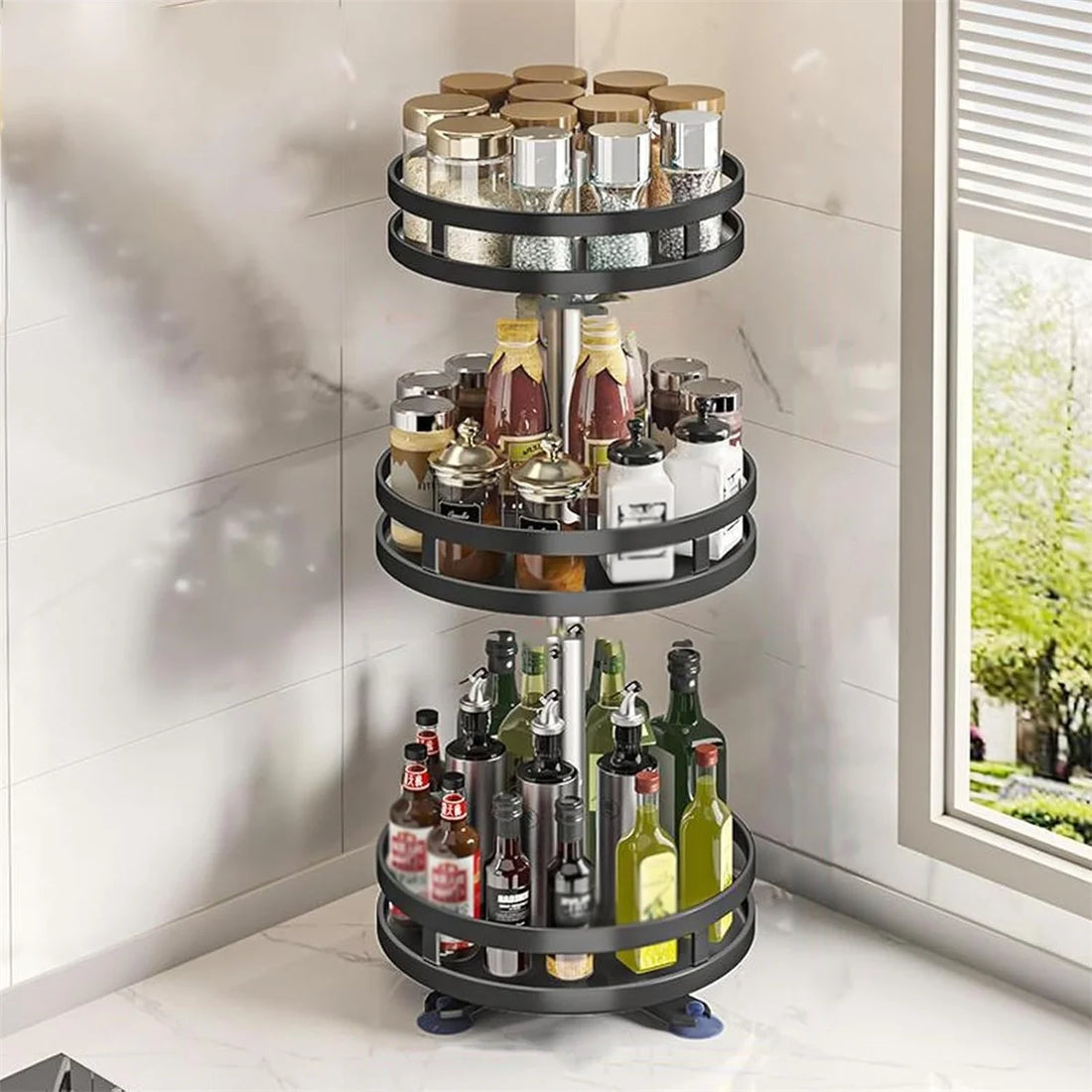 360° Rotating Spice Rack Organizer - Non-Skid Carbon Steel Seasoning & Jar Storage Tray