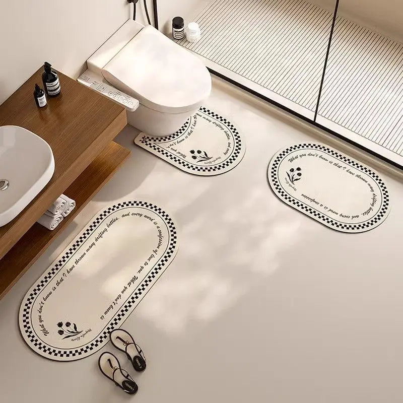 VIKAMA Luxury Bath Mat - Beige/Black Floral, Non-Slip, Super Absorbent with "BEAUTIFUL" Print for Master/Guest Bathroom