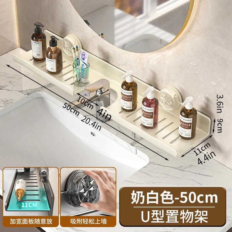 Suction Cup Wall-Mounted Bathroom Shelf - No-Drill Mirror Front Washbasin Storage Rack - Hom Haven