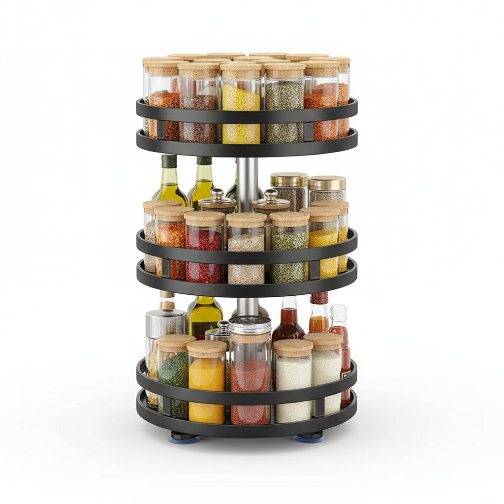 360° Rotating Spice Rack Organizer - Non-Skid Carbon Steel Seasoning & Jar Storage Tray