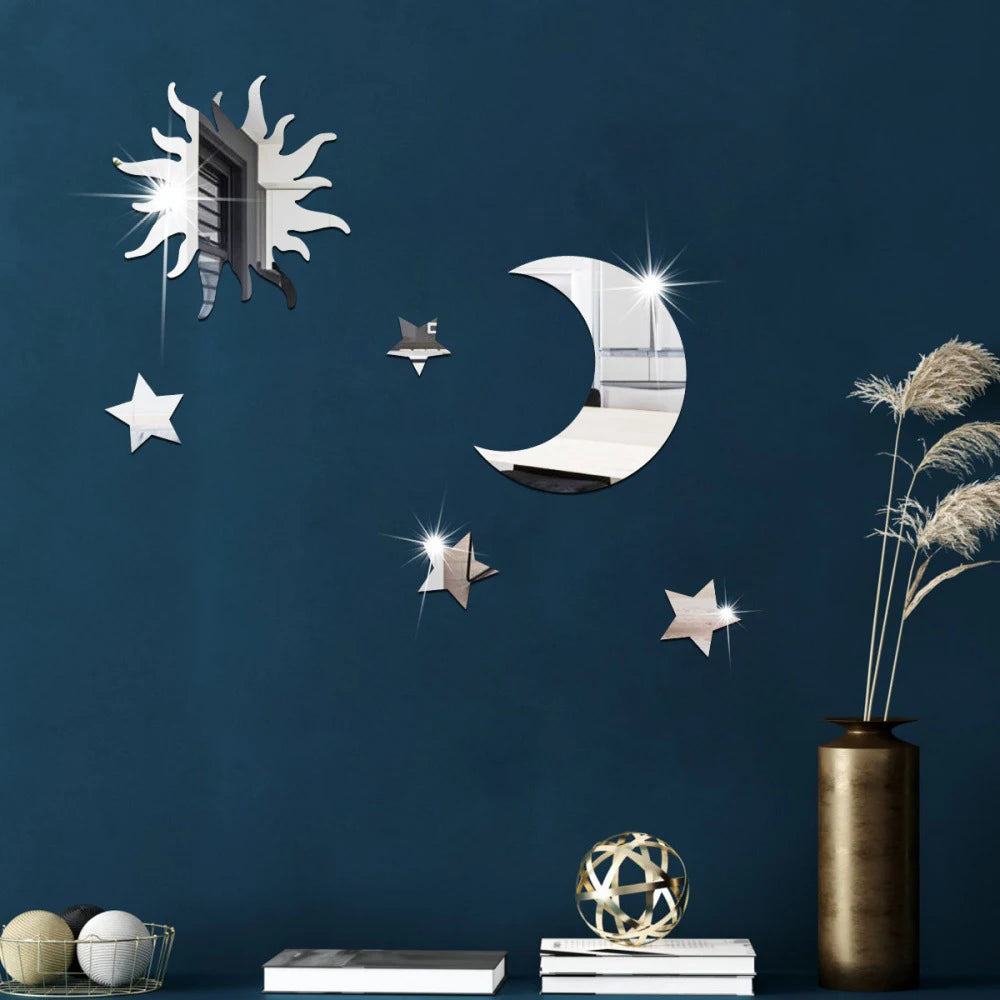 6-Piece Star & Moon Combination Mirror Wall Stickers - Acrylic 3D Self-Adhesive DIY Bedroom & Living Room Decor