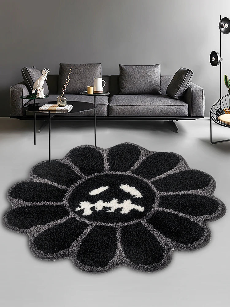 Smiling Face Tufted Round Rug - Retro Rainbow Flower Art Rug for Bedroom, Bathroom & Living Room