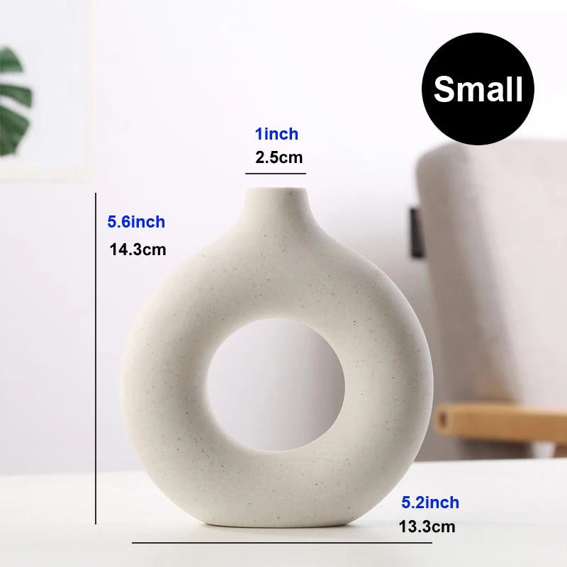Nordic Circular Hollow Ceramic Donut Vase - Decorative Flower Pot for Living Room, Office & Desktop Decor