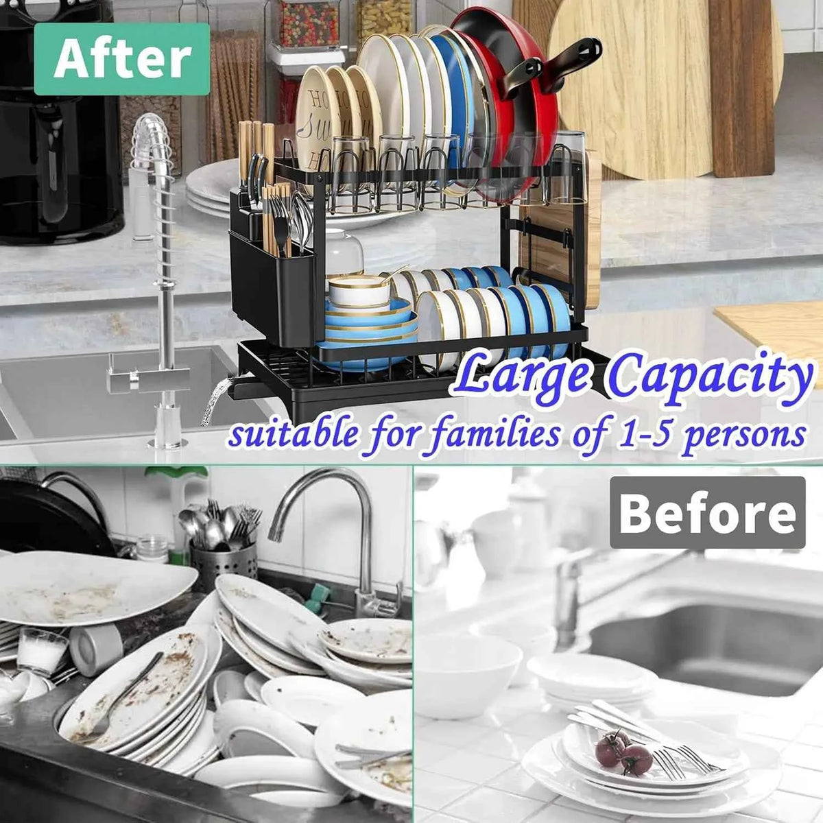 2-Tier Kitchen Dish Drying Rack with Drip Tray - Countertop Metal Dish Drainer - Hom Haven