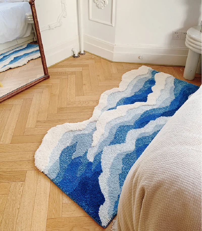 Blue Sea Pattern Tufted Rug - Japanese Style Flocking Carpet Anti-Slip Aesthetic Doormat