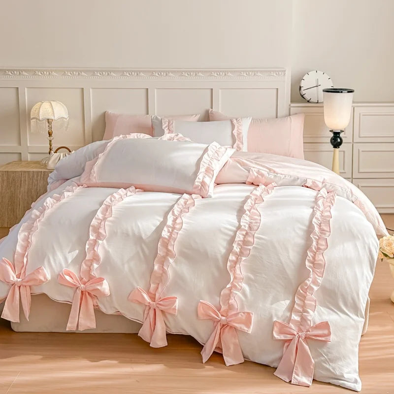 3 Piece Sheet Set  pink bowknot duvet cover Set ， comfortable Bedding Set Bedspread for All Season