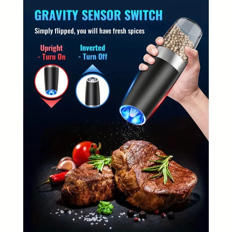 Gravity Electric Salt & Pepper Grinder Auto Tilt, Adjustable Coarseness (Battery Powered)