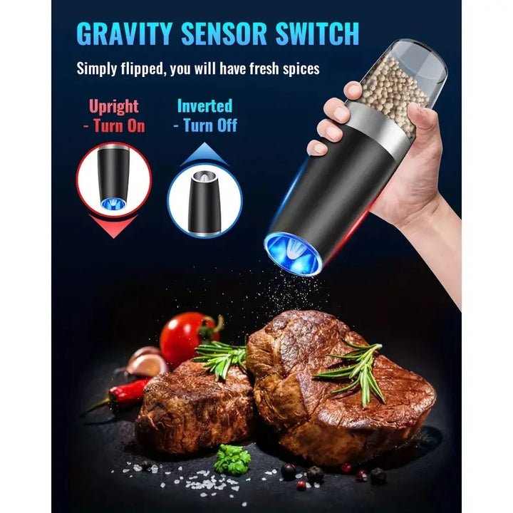 Gravity Electric Salt & Pepper Grinder Auto Tilt, Adjustable Coarseness (Battery Powered)