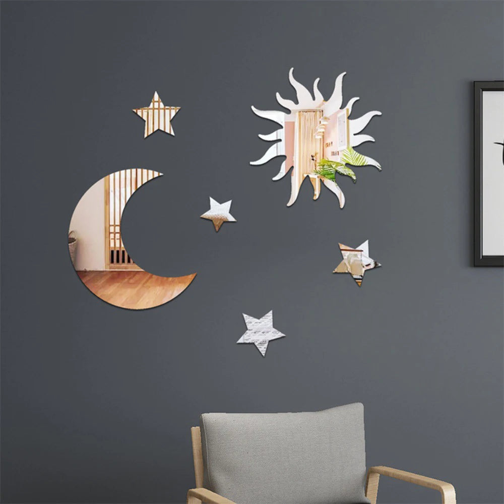 6-Piece Star & Moon Combination Mirror Wall Stickers - Acrylic 3D Self-Adhesive DIY Bedroom & Living Room Decor