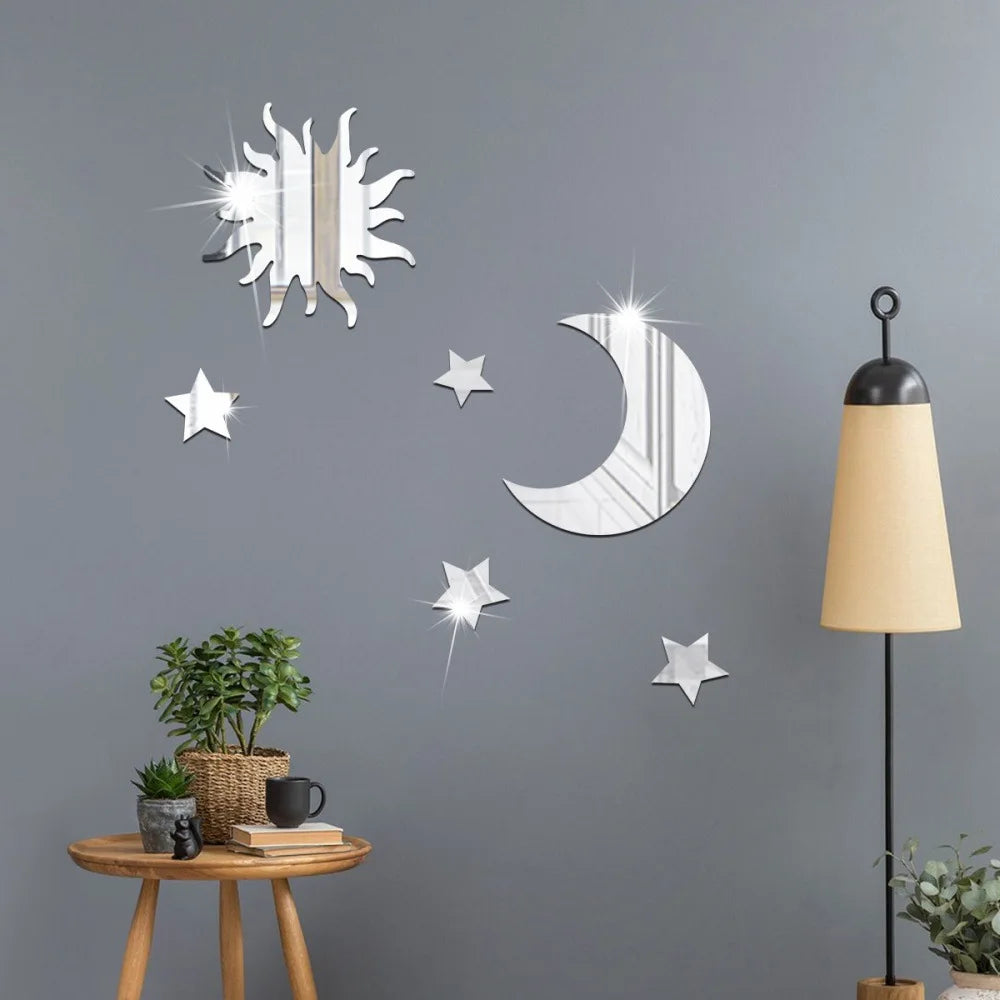 6-Piece Star & Moon Combination Mirror Wall Stickers - Acrylic 3D Self-Adhesive DIY Bedroom & Living Room Decor