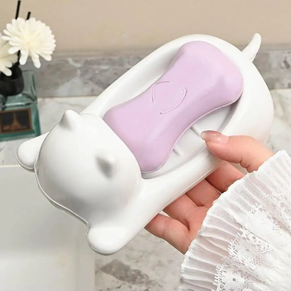 Cute Cartoon Cat Soap Dish with Drainage - Plastic Bathroom Holder for Soap & Sponges