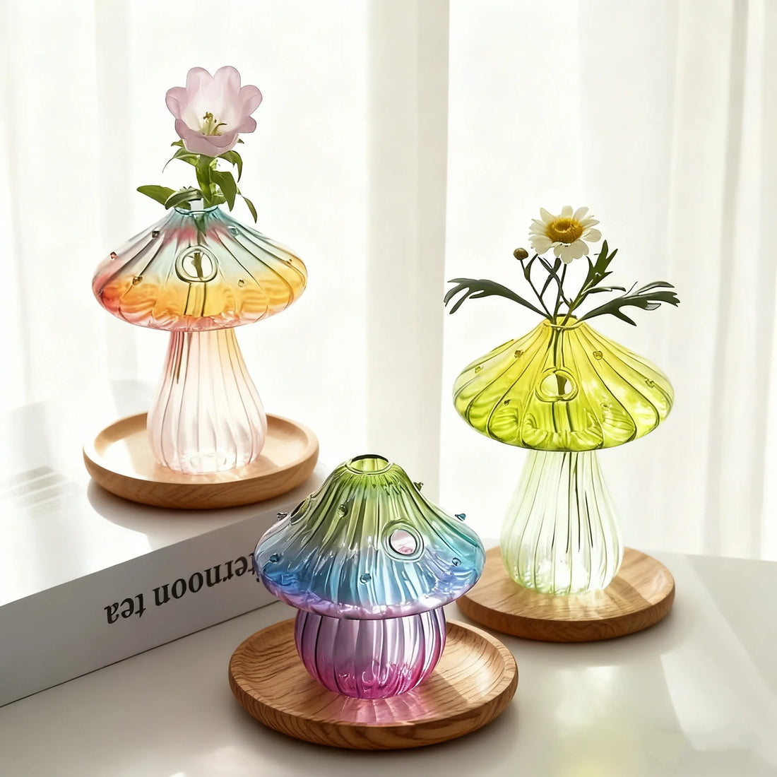 Boho Glass Mushroom Vase - Handcrafted Hydroponic Cylinder Planter for Living Room, Dining Room & Coffee Shop