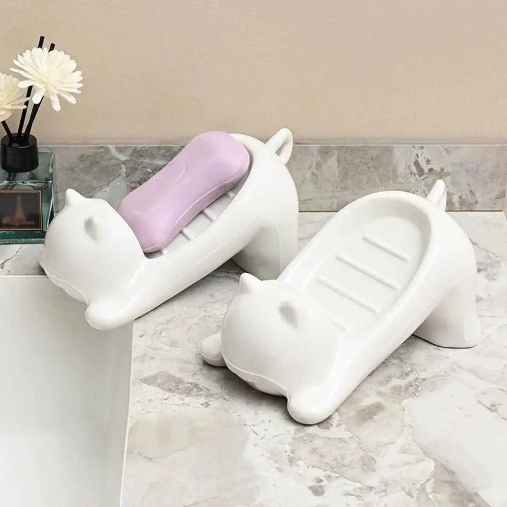 Cute Cartoon Cat Soap Dish with Drainage - Plastic Bathroom Holder for Soap & Sponges