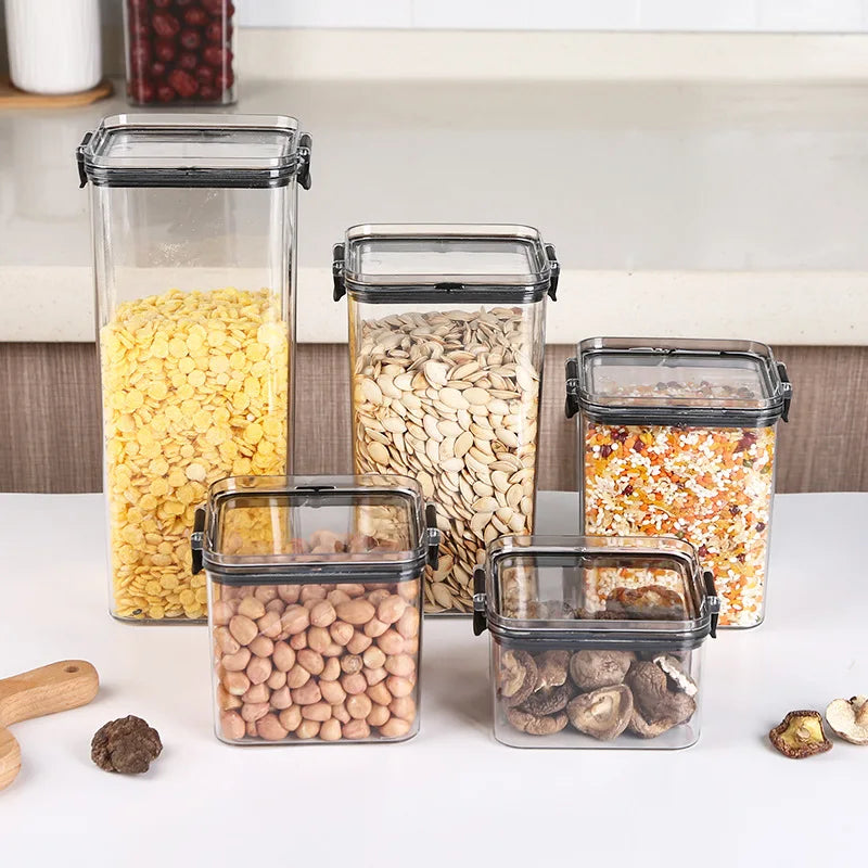 5-Piece Transparent Sealed Storage Jar Set - Stackable Airtight Kitchen Organizer for Dried Goods & Multigrain (700ml-1800ml)