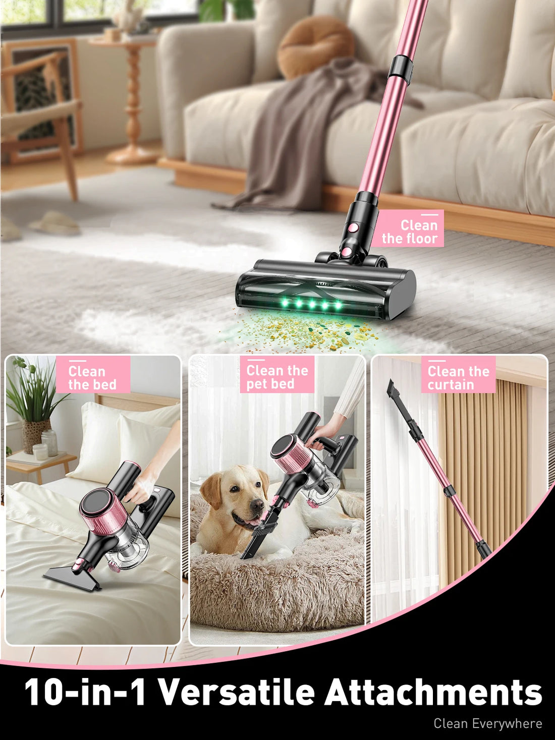 Cordless 10-in-1 Stick Vacuum Cleaner 55KPa Powerful for Home & Pets