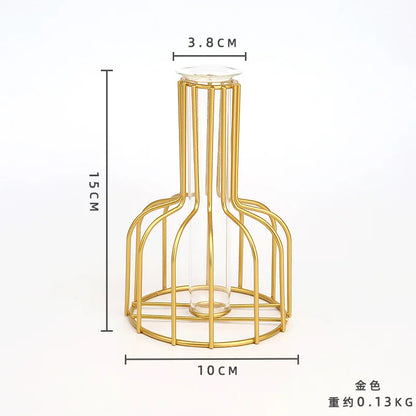 Nordic Iron Golden Hydroponic Vase - Living Room Table Top Decoration for Dried Flowers & Green Plants - Hom Haven