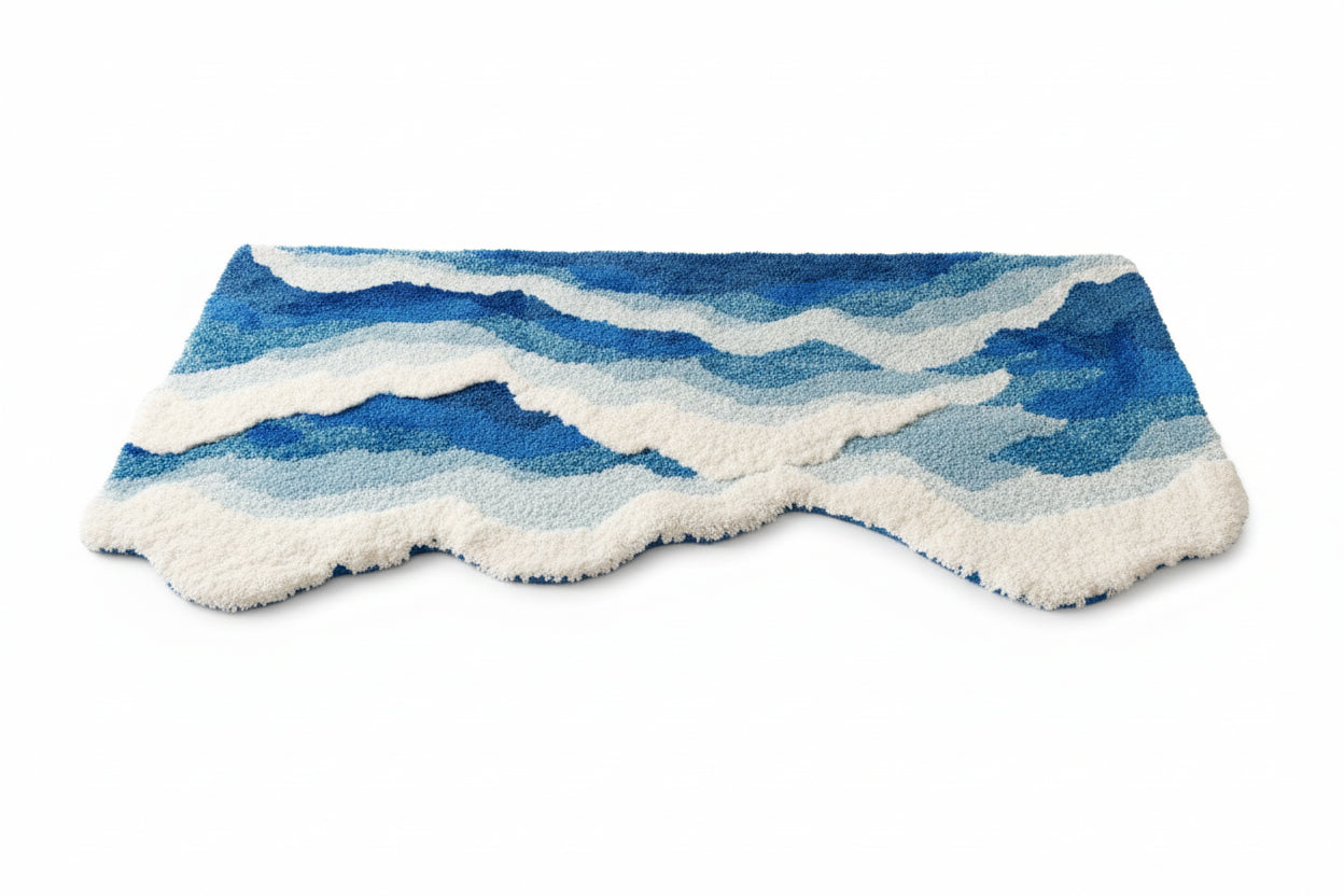 Blue Sea Pattern Tufted Rug - Japanese Style Flocking Carpet Anti-Slip Aesthetic Doormat