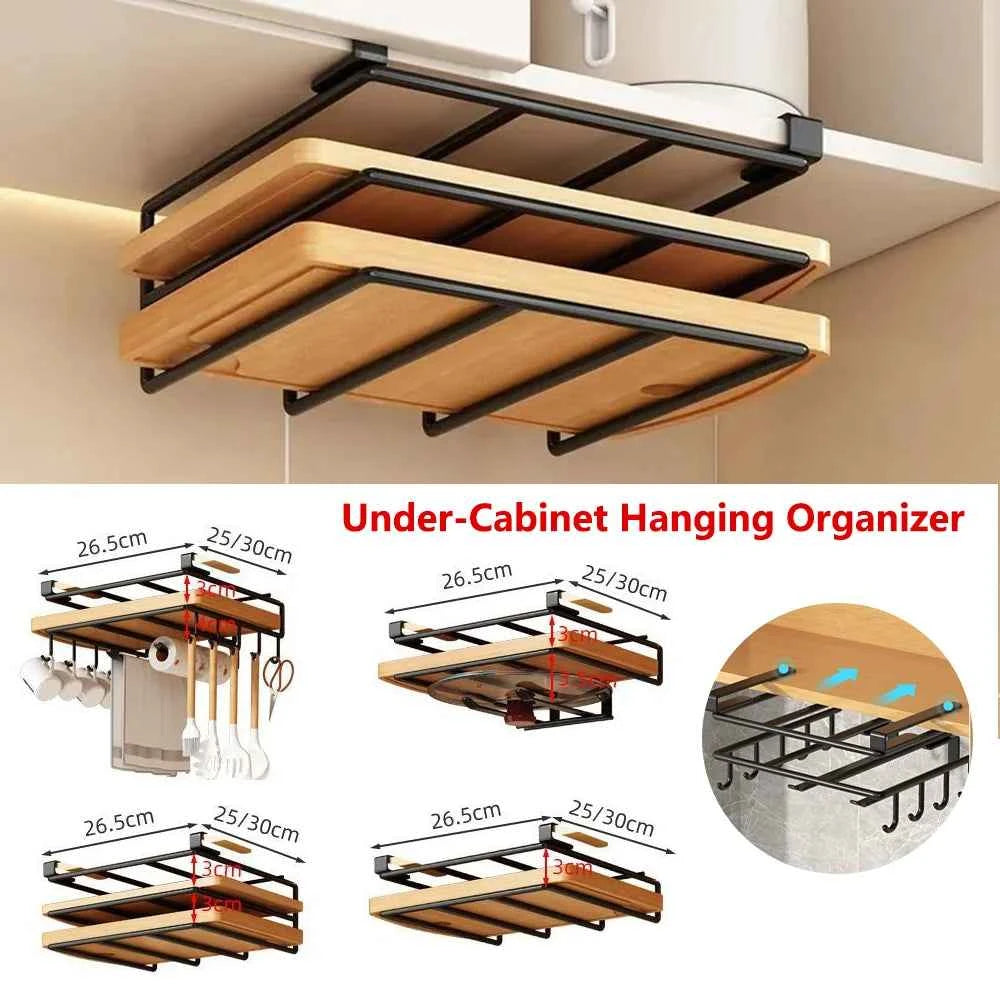Under Cabinet Kitchen Hanging Organizer Rack with Hooks - Paper Towel, Cutting Board & Pot Lid Holder - Hom Haven