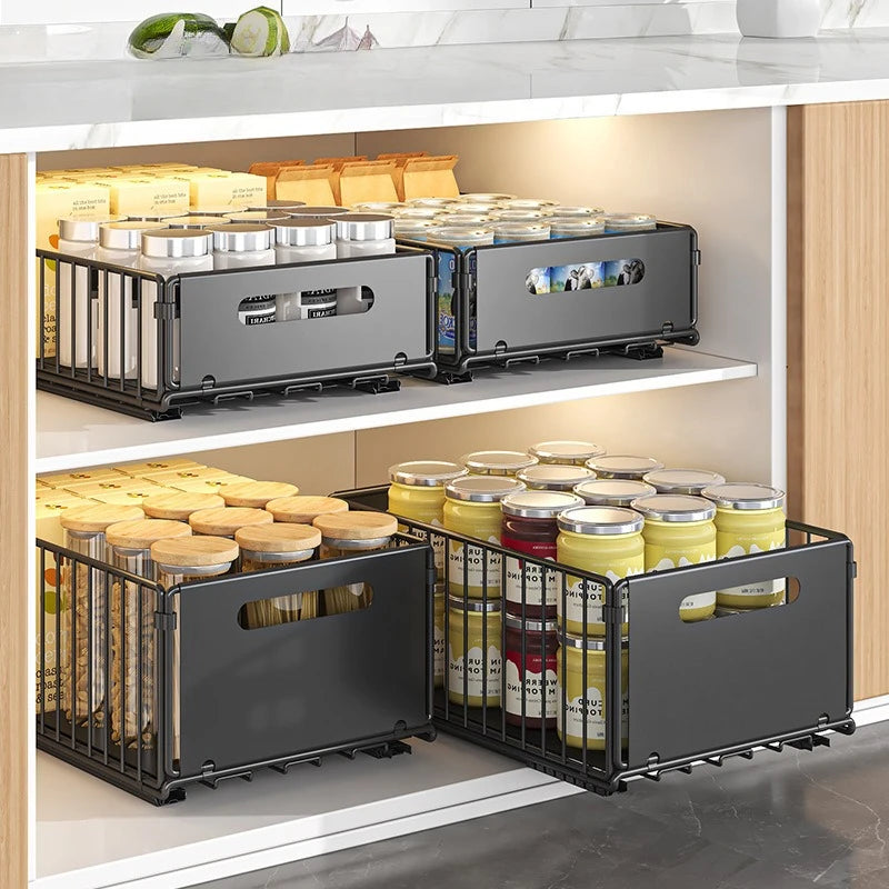 Pull-Out Cabinet Storage Rack - Metal Kitchen Seasoning & Bathroom Deep Cabinet Organizer Basket