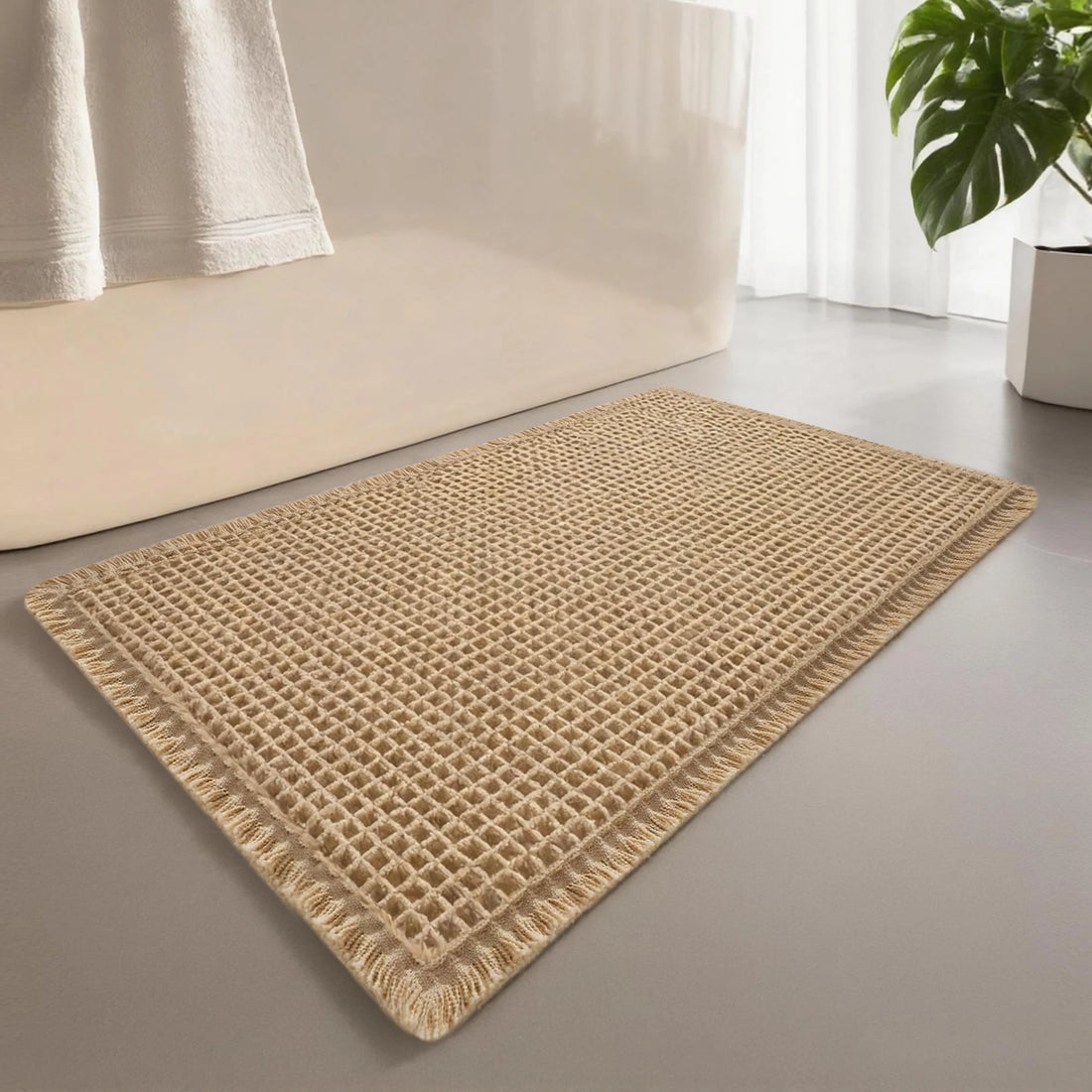 Waffle Bathroom Rugs Soft Non Slip Machine Washable Super Absorbent Bath Mats with Tassels for Bathroom Floor Tub Beside Decor