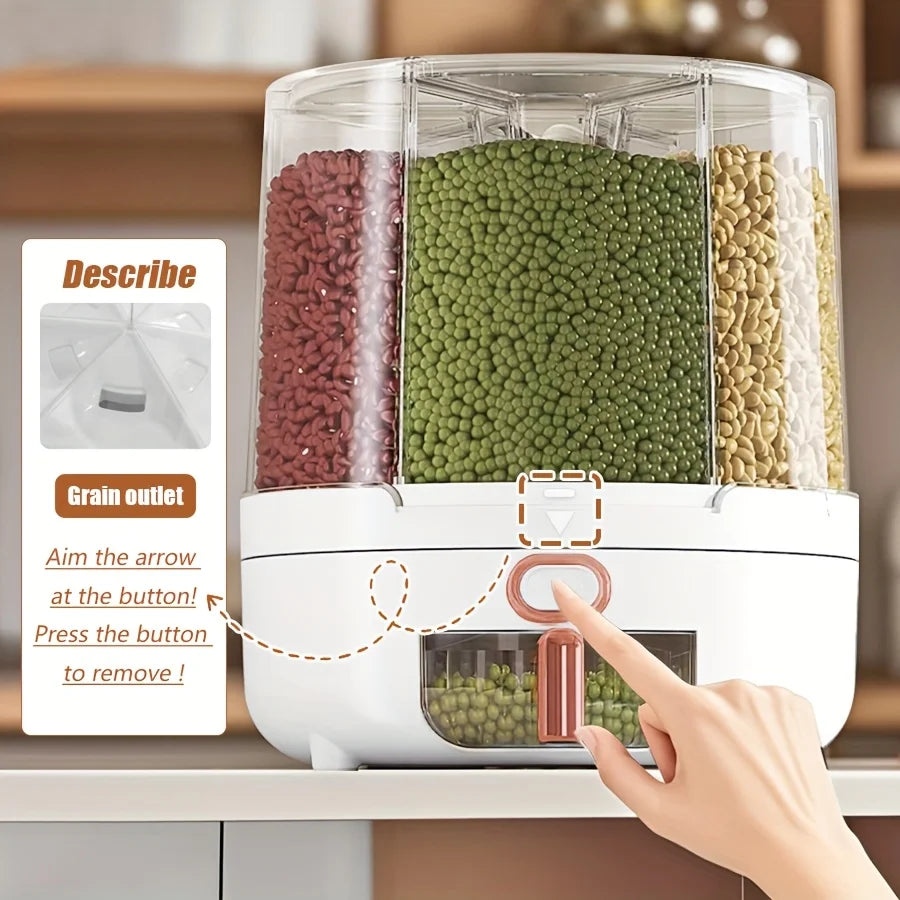 6-Compartment 360° Rotating Airtight Food Storage Container - Moisture-Proof Pantry Organizer for Cereal, Candy & Rice