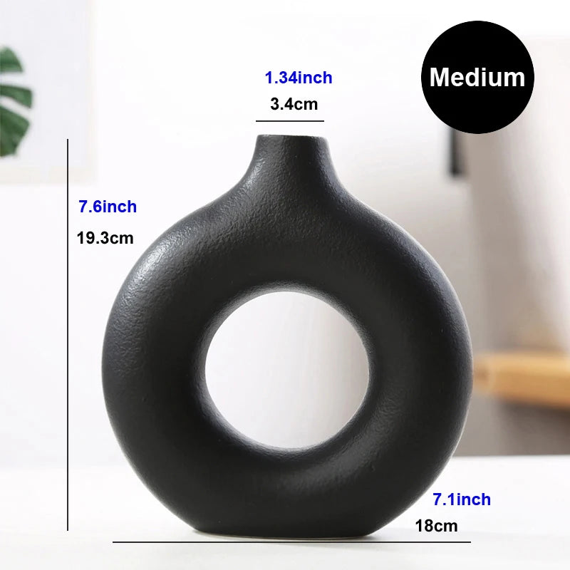 Nordic Circular Hollow Ceramic Donut Vase - Decorative Flower Pot for Living Room, Office & Desktop Decor
