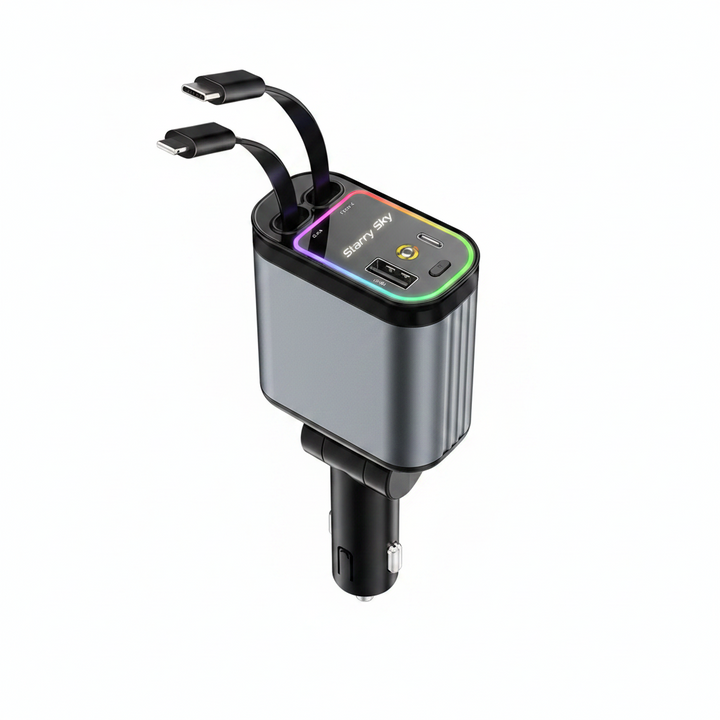 4-in-1 Retractable Car Charger with Starry Sky LED Spotlight