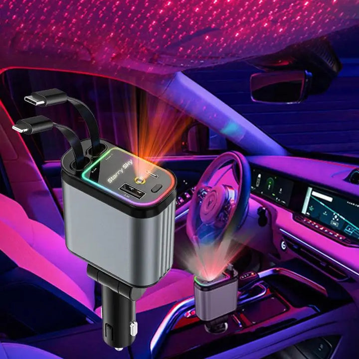 4-in-1 Retractable Car Charger with Starry Sky LED Spotlight